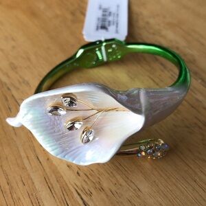 Betsey Johnson Gold Tone & Green Ombre Calla Lily Bypass Bangle Crystal NWT